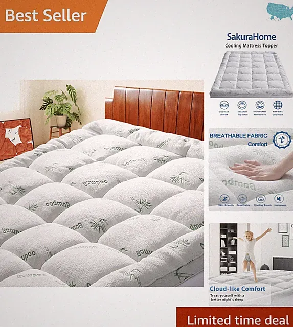 Queen Mattress Pad with Elastic Deep Pocket - 1000GSM Soft Viscose Bamboo Cover